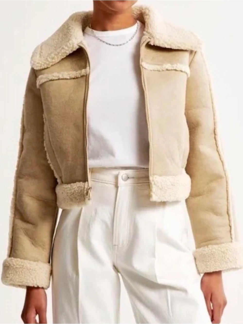 Abercrombie & Fitch Beige Teddy Shearling Cropped Jacket